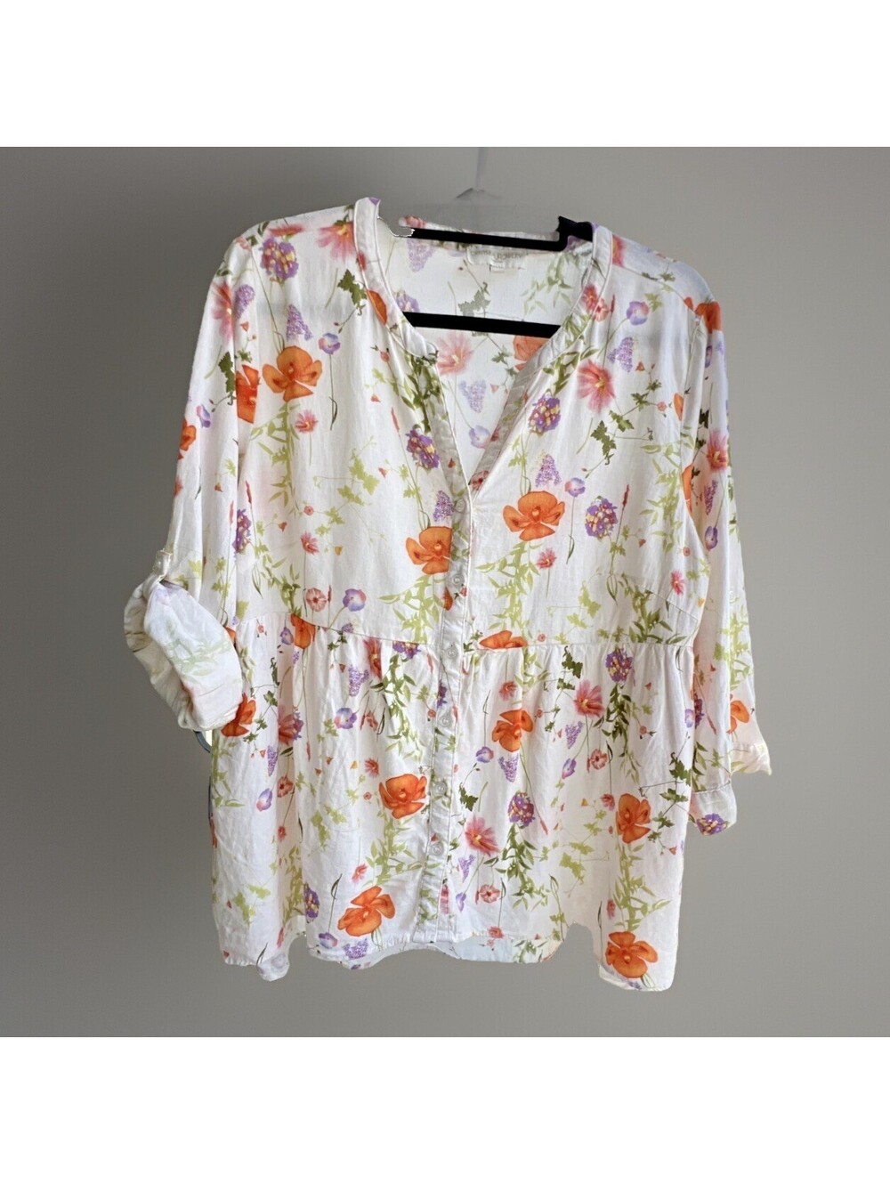 Cynthia Rowley Linen Blend 1X Peasant Floral Blouse Roll Tab Sleeve Cottagecore